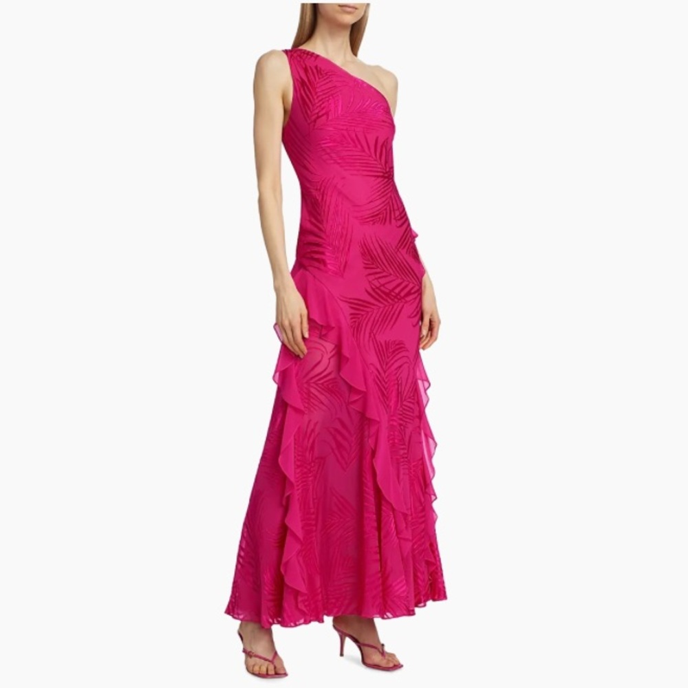 Milly Ryanna One-shoulder Ruffle Chiffon Gown Dress 8 Pink Palm